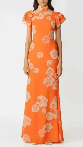 Mandotos Floral Elegance puff sleeve dress with a fitted bodice, floral pattern, and ruffled sleeves, perfect for spring or summer.