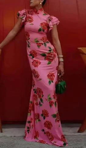 Mandotos Floral Elegance puff sleeve dress with a fitted bodice, floral pattern, and flowy skirt, perfect for spring or summer occasions.