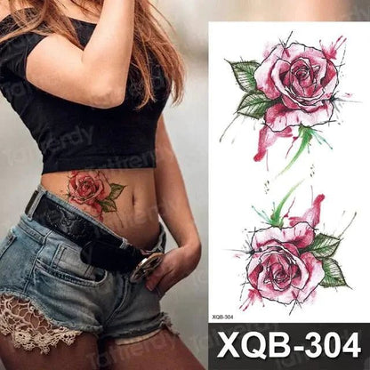 Mandotos Floral Essence Body Art Tattoo featuring intricate floral design on skin, showcasing detailed black ink artwork.