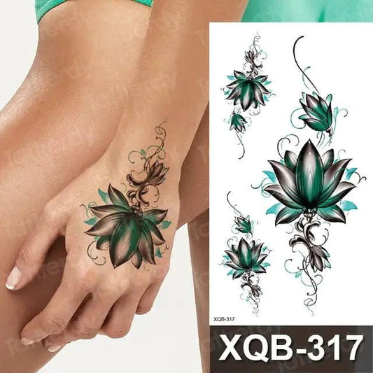 Mandotos Floral Essence Body Art Tattoo featuring vibrant floral designs on skin, showcasing detailed and colorful tattoo artwork.