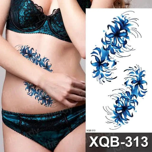 Mandotos Floral Essence Body Art Tattoo showcasing delicate floral designs on skin for temporary body decoration.