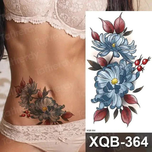 Mandotos Floral Essence Body Art Tattoo featuring vibrant floral designs on skin for temporary body decoration.