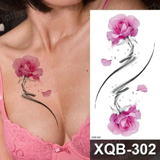 Mandotos Floral Essence Body Art Tattoo featuring vibrant floral designs on skin, showcasing intricate, colorful body art.