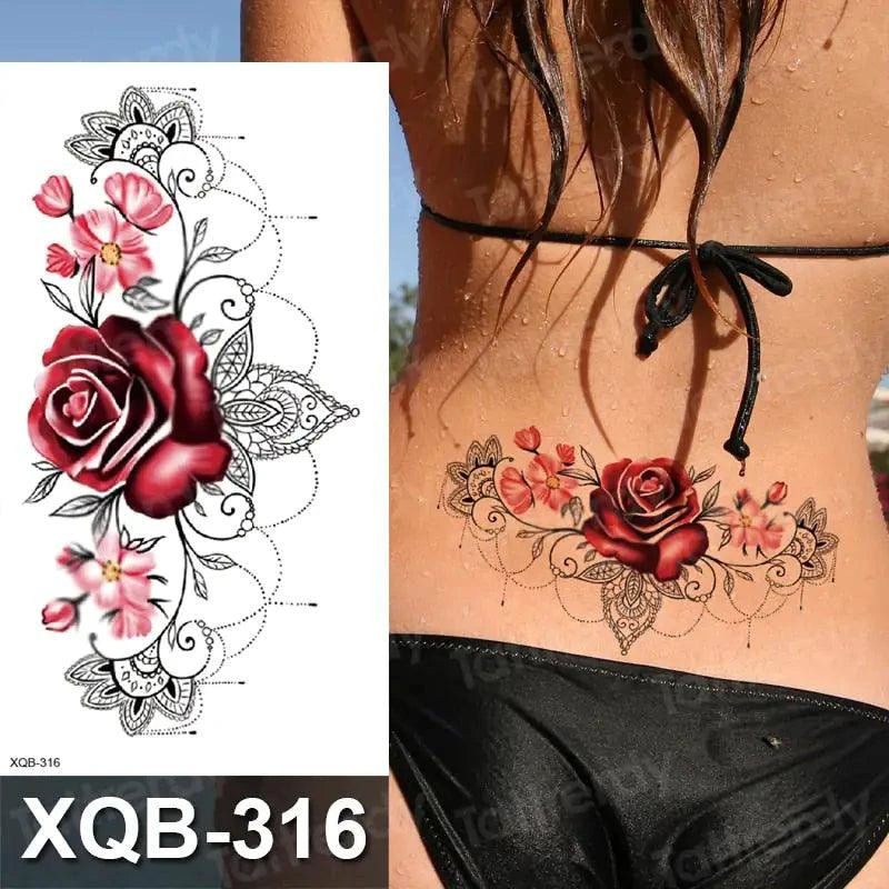 Mandotos Floral Essence Body Art Tattoo featuring vibrant floral designs on skin, showcasing detailed and colorful temporary tattoo art.