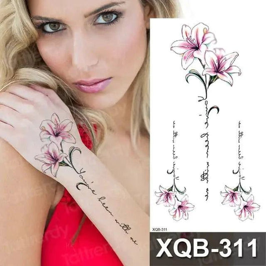 Mandotos Floral Essence Body Art Tattoo featuring intricate floral design on skin, showcasing detailed black ink artwork.