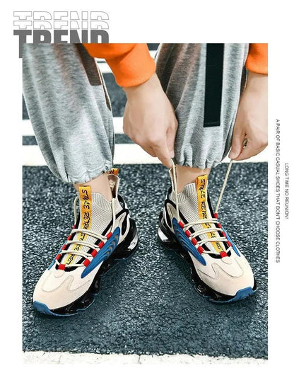 Mandotos Fly Woven Mesh High-Top Sneakers with breathable mesh upper and thick soles, designed for running and casual wear.