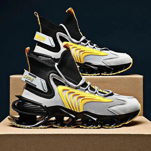 Mandotos Fly Woven Mesh High-Top Sneakers with breathable fabric and thick soles, designed for running and casual wear.