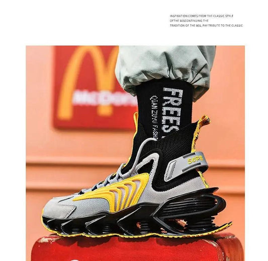 Mandotos Fly Woven Mesh High-Top Sneakers with breathable design and thick soles, ideal for running and casual wear.