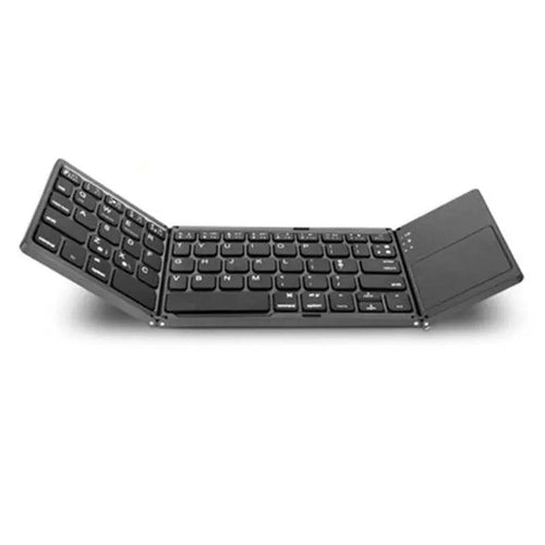 Mandotos folding Bluetooth keyboard shown, compact and portable with keys and hinge in open position for easy connectivity.