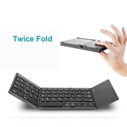 Mandotos folding Bluetooth keyboard shown open with keys visible, compact design ideal for portable typing and easy connectivity.