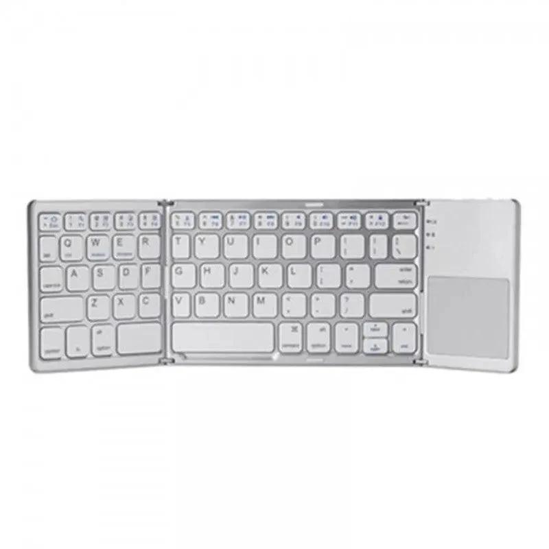 Mandotos folding Bluetooth keyboard opened, showing keys and compact design for portable wireless typing.