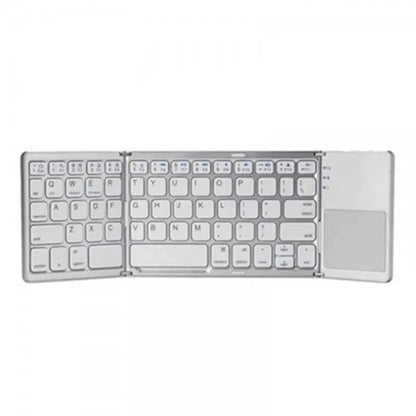 Mandotos folding Bluetooth keyboard opened, showing keys and compact design for portable wireless typing.