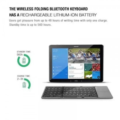 Mandotos folding Bluetooth keyboard open with keys visible, compact portable wireless keyboard for tablets and smartphones.