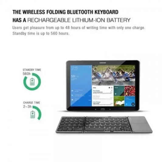 Mandotos folding Bluetooth keyboard open with keys visible, compact portable wireless keyboard for tablets and smartphones.