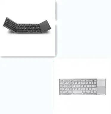 Mandotos folding Bluetooth keyboard opened, showing keys and compact design for portable wireless typing.