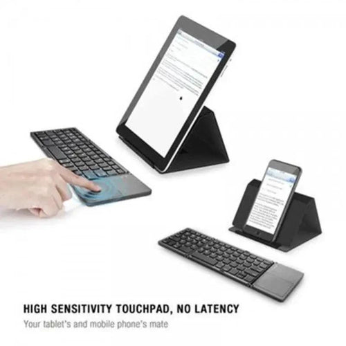 Mandotos folding Bluetooth keyboard open on a desk, showing keys and compact design for portable use.