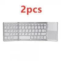 Mandotos folding Bluetooth keyboard open, showing compact design with keys and hinge for portable wireless typing.