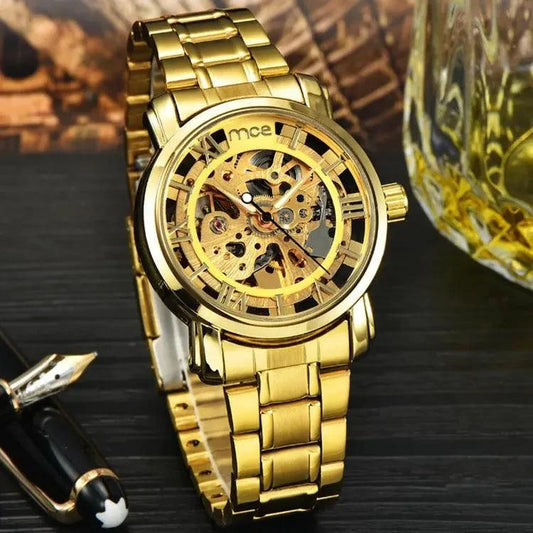 Mandotos men's mechanical watch with burst design, featuring a black dial and stainless steel strap, stylish and durable timepiece.