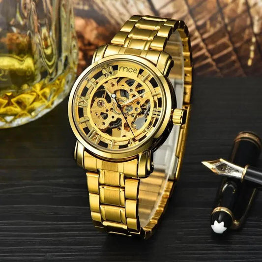 Mandotos men's mechanical watch with a burst design, showcasing a stylish dial and metal strap, ideal for modern men.