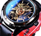 Mandotos Forsining Scarlet leather strap wristwatch with round dial and gold accents on a white background.