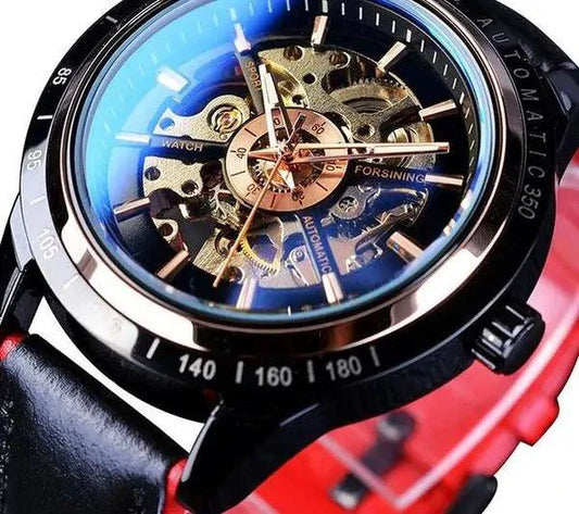 Mandotos Forsining Scarlet leather strap wristwatch with round dial and gold accents on a white background.