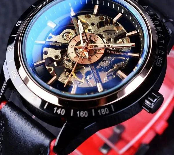 Mandotos Forsining Scarlet leather wristwatch with round dial, silver-tone case, and adjustable leather strap.