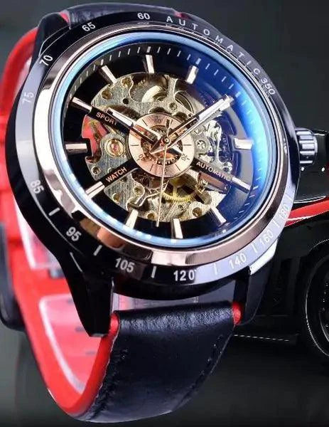 Mandotos Forsining Scarlet leather strap wristwatch with round dial and silver-tone case, stylish men's timepiece.