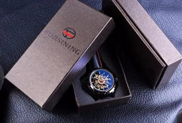 Mandotos Forsining Scarlet leather wristwatch with round dial and metal case, stylish timepiece for men.