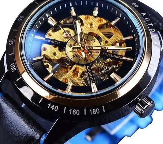 Mandotos Forsining Scarlet Leather Timepiece with round dial and black straps, showcasing elegant watch design.