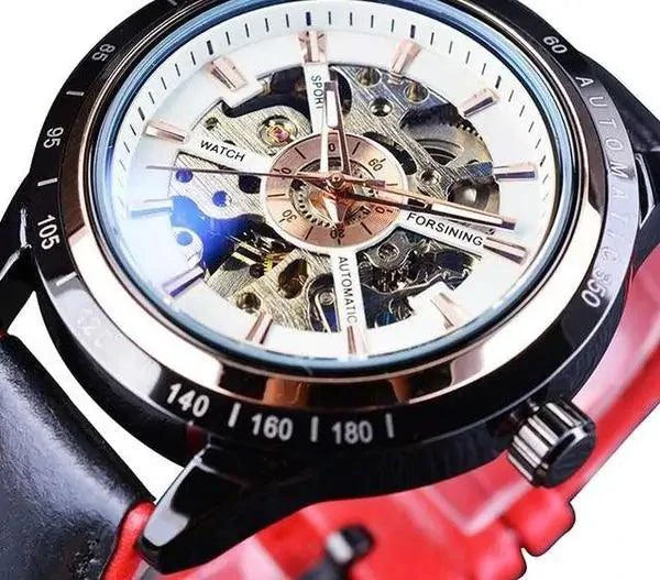 Mandotos Forsining Scarlet leather wristwatch with round dial and metal case, stylish timepiece for men.