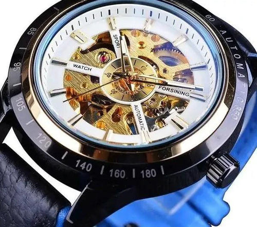 Mandotos Forsining Scarlet Leather Timepiece with round dial and black leather strap on a white background.