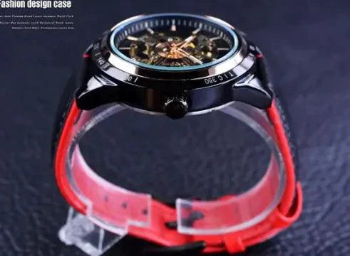 Mandotos Forsining Scarlet Leather Timepiece featuring a black watch face and red leather strap on a white background.
