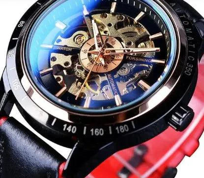 Mandotos Forsining Scarlet leather strap watch with round dial and silver-tone case, stylish men's timepiece.