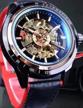 Mandotos Forsining Scarlet Leather Timepiece with round dial and black leather strap, stylish men's wristwatch.