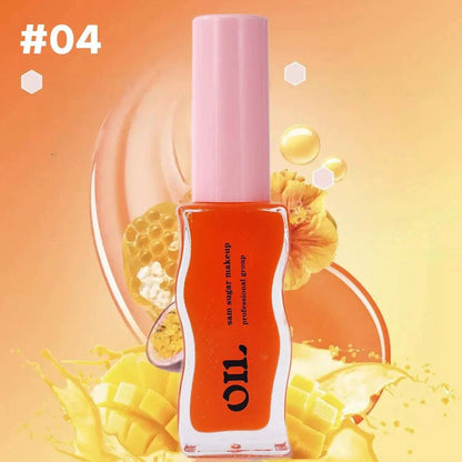 Mandotos Fruit Honey Essence Lip Oil with strawberry tint, waterproof, moisturizing lip gloss in 8ml bottle, shiny and nourishing.