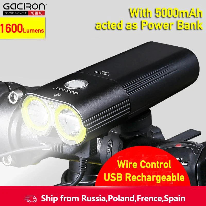 Mandotos GACIRON bicycle front light with 400-1800 lumens, waterproof LED headlamp, USB rechargeable for MTB and road cycling.