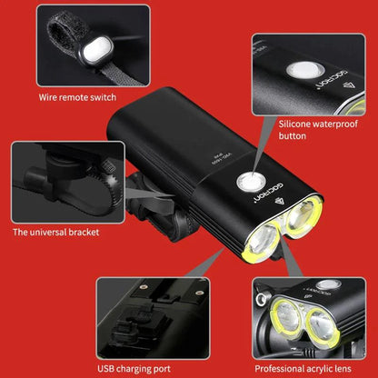 Mandotos GACIRON bicycle front light with 400-1800 lumens, waterproof LED headlamp, USB rechargeable for MTB and road cycling.