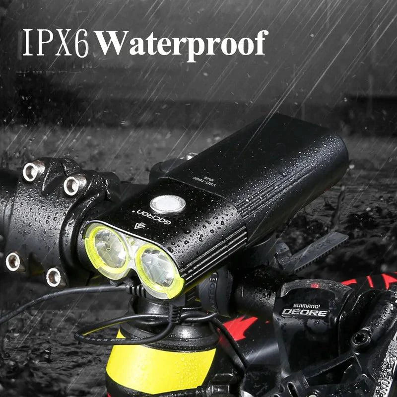 Mandotos GACIRON bicycle front light with 400-1800 lumens, waterproof LED headlamp, USB rechargeable for MTB and road cycling.