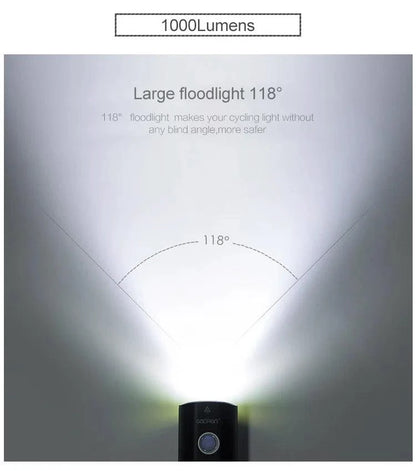 Mandotos GACIRON bicycle front light with 400-1800 lumens, USB rechargeable waterproof LED headlamp for MTB and road cycling.