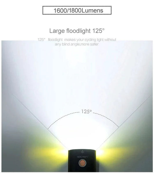 Mandotos GACIRON bicycle front light with 400-1800 lumens, waterproof LED headlamp, USB rechargeable for MTB and road cycling.