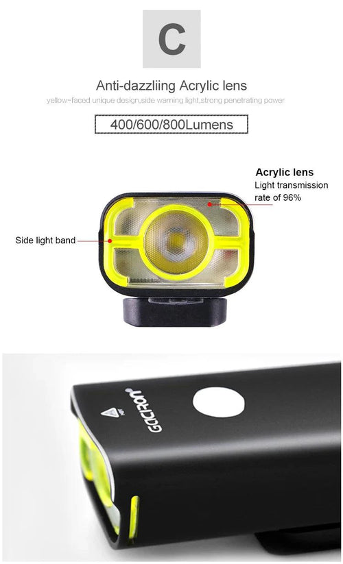 Mandotos GACIRON bicycle front light with 400-1800 lumens, waterproof LED headlamp, USB rechargeable for MTB and road cycling.