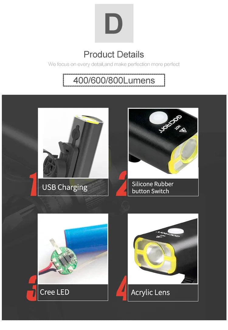 Mandotos GACIRON bicycle front light with 400-1800 lumens, waterproof LED headlamp for MTB and road cycling, USB rechargeable.