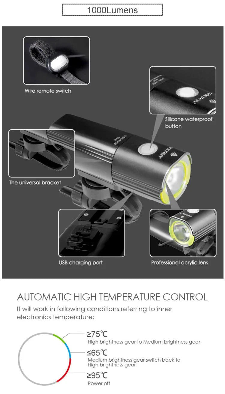 Mandotos GACIRON bicycle front light with 400-1800 lumens, waterproof LED headlamp, USB rechargeable for MTB and road cycling.