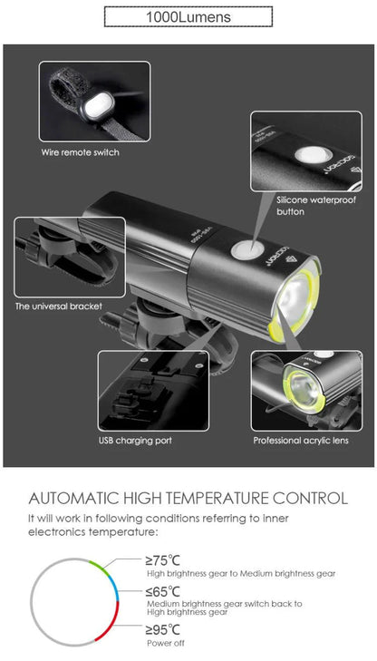 Mandotos GACIRON bicycle front light with 400-1800 lumens, waterproof LED headlamp, USB rechargeable for MTB and road cycling.