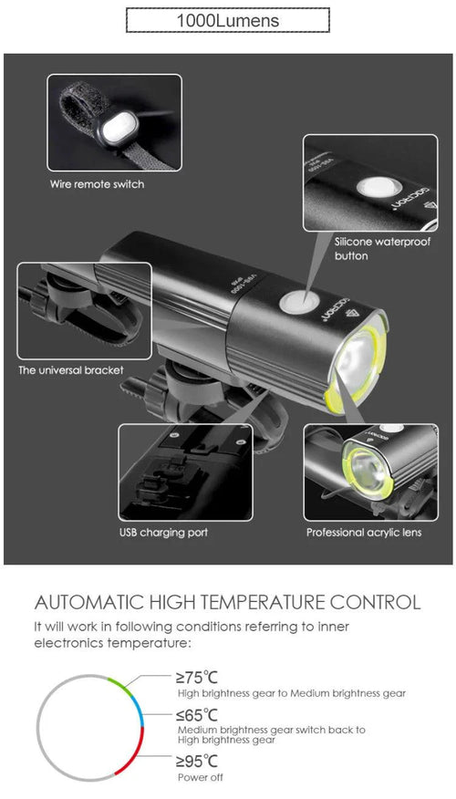 Mandotos GACIRON bicycle front light with 400-1800 lumens, waterproof LED headlamp, USB rechargeable for MTB and road cycling.