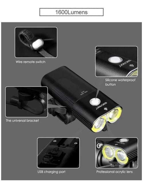 Mandotos GACIRON bicycle front light with 400-1800 lumens, waterproof LED headlamp, USB rechargeable for MTB and road cycling.