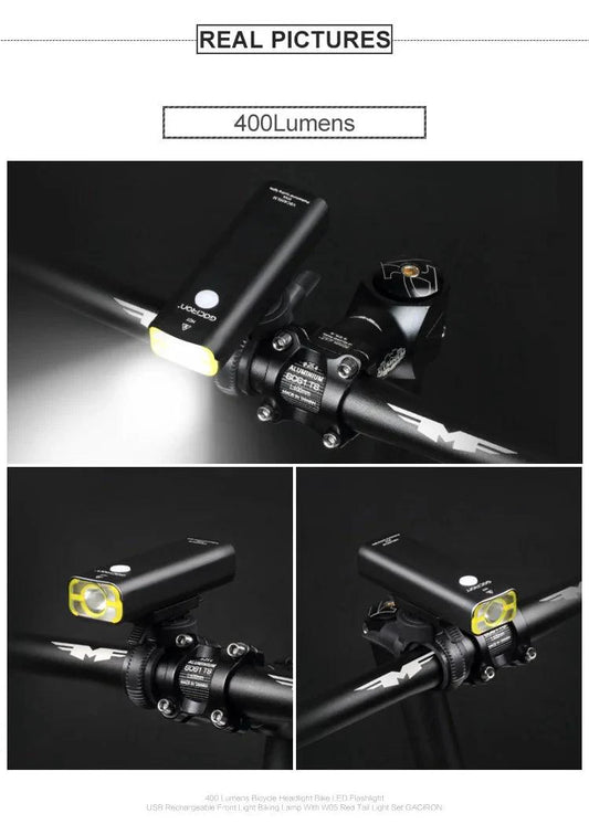 Mandotos GACIRON bicycle front light with 400-1800 lumens, USB rechargeable waterproof LED headlamp for MTB and road cycling.