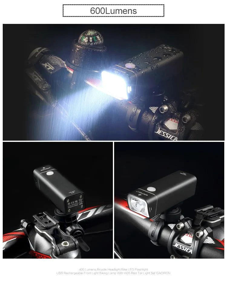 Mandotos GACIRON bicycle front light with 1800 lumens, waterproof LED headlamp, USB rechargeable for MTB and road cycling.
