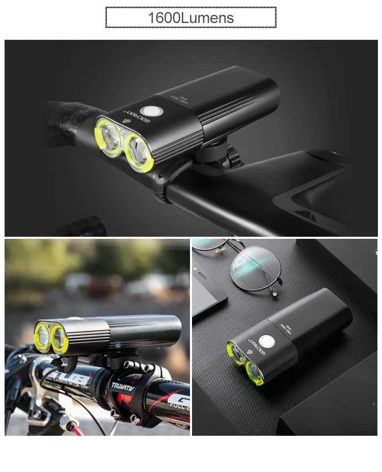 MANDOTOS GACIRON bicycle front light with 400-1800 lumens, USB rechargeable waterproof LED headlamp for MTB and road biking.