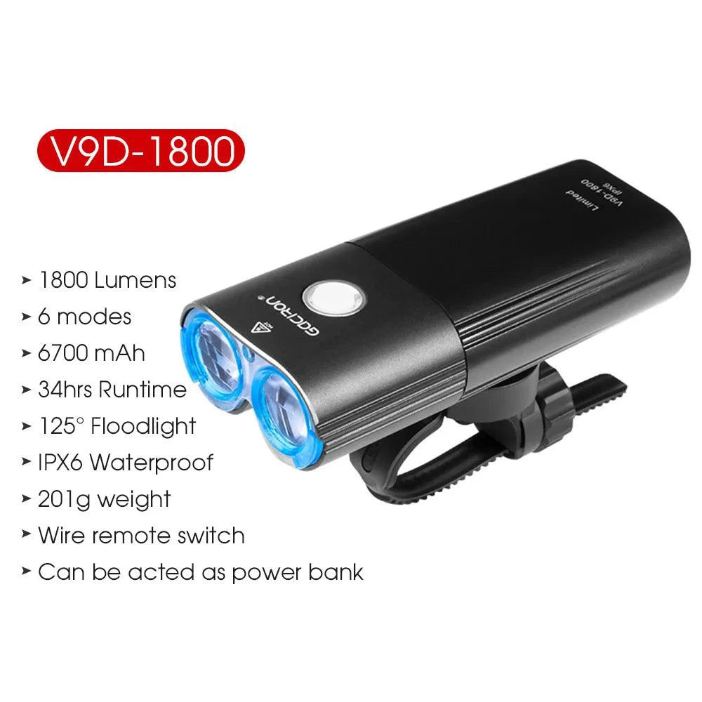 Mandotos GACIRON bicycle front light with 400-1800 lumens, waterproof LED headlamp, USB rechargeable for MTB and road cycling.